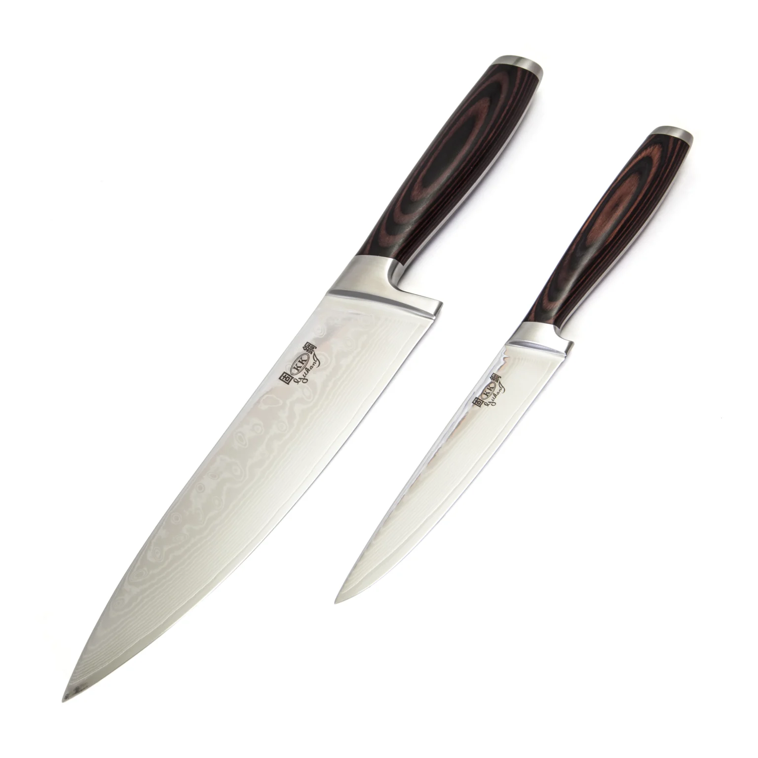 Commercial product photograph of a Damascus steel chef knife and paring knife set with wooden handles, shot on a seamless white background.