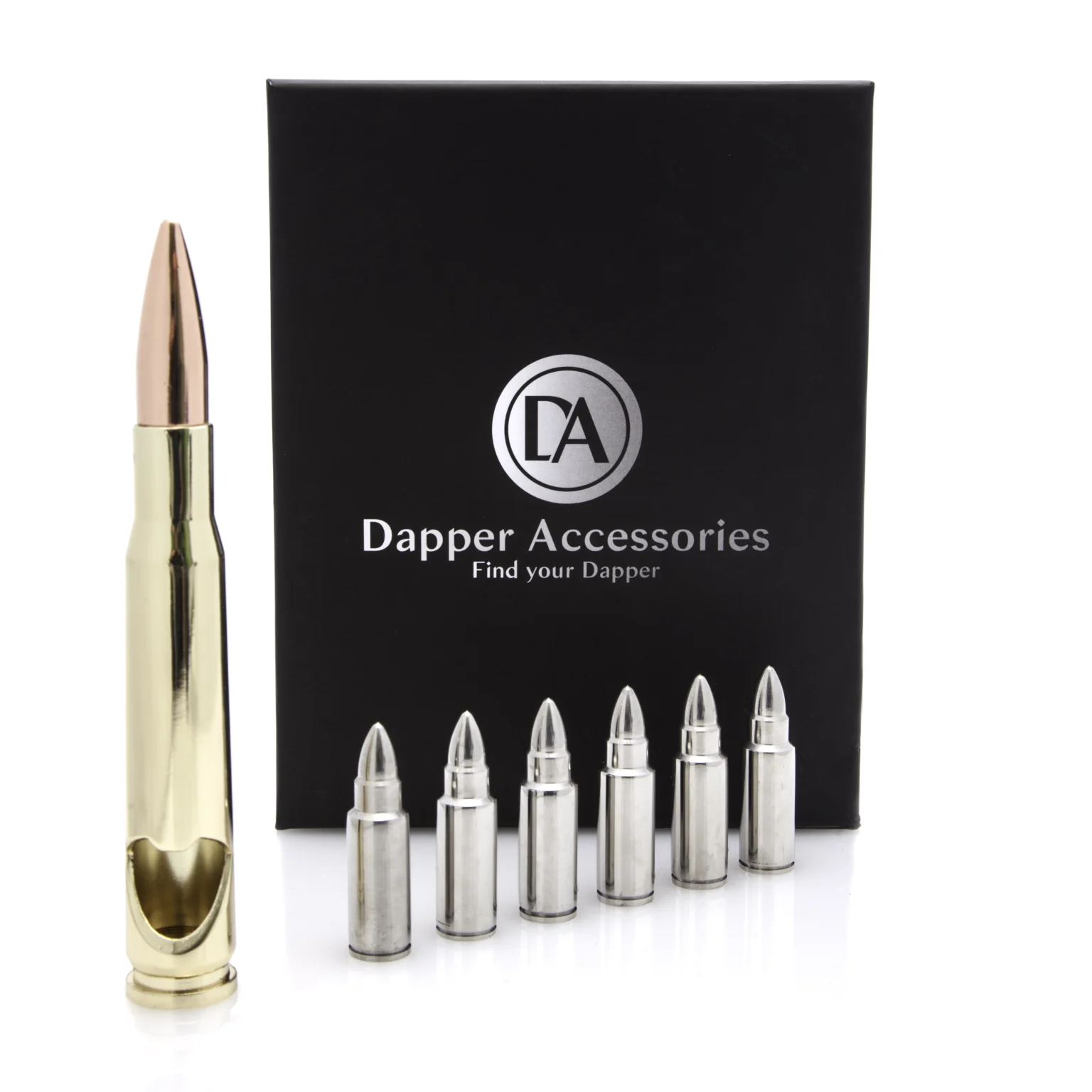 Dapper Accessories whiskey stones and bullet-shaped bottle opener set with branded gift box