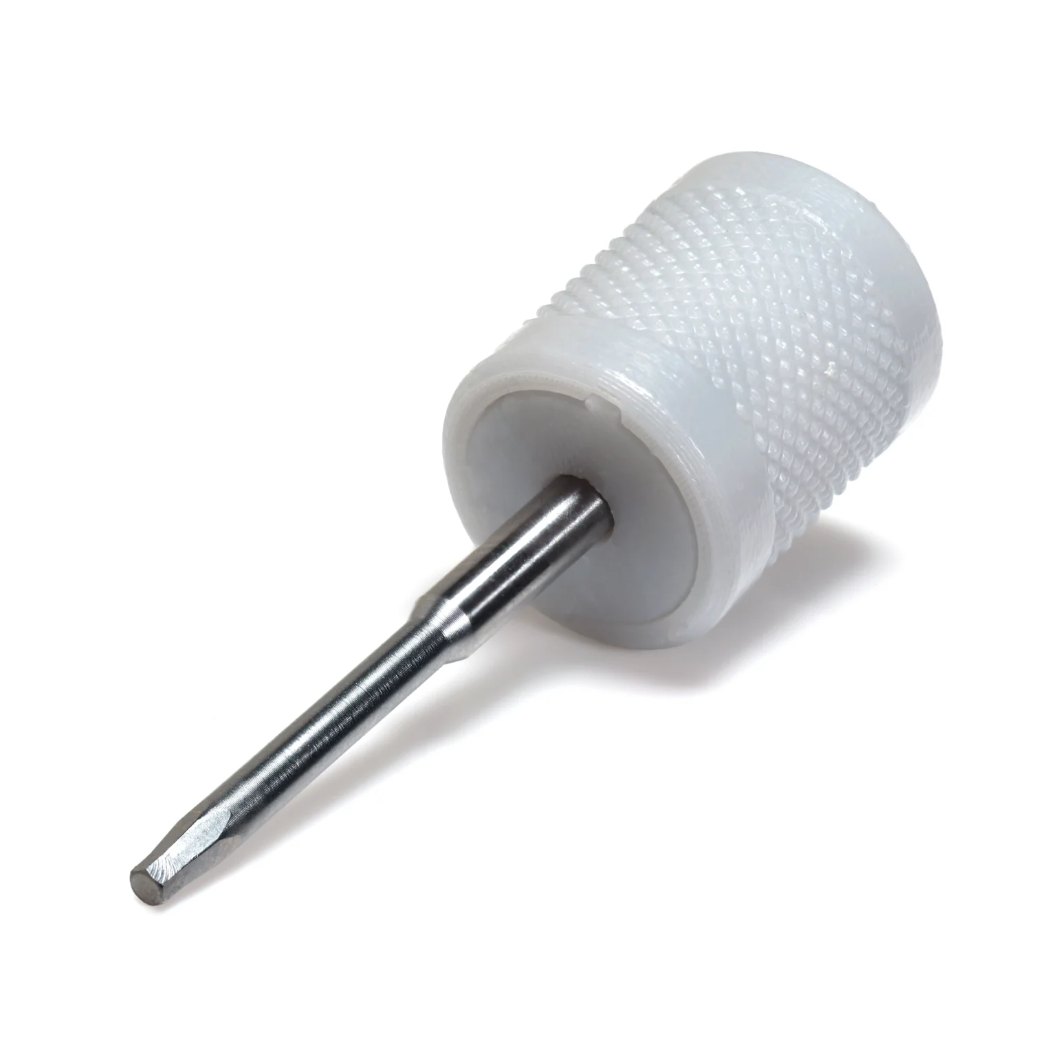 Manual dental implant driver tool with white knurled handle on a white background