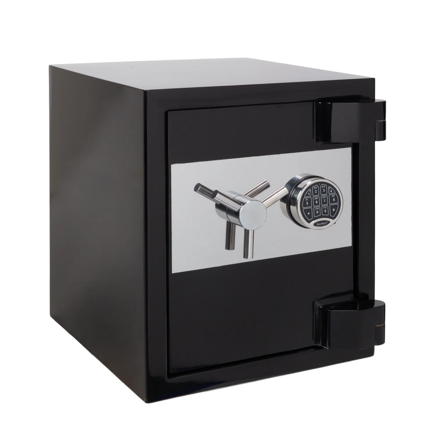 Executive model black steel security safe with digital keypad and chrome handle on a white background