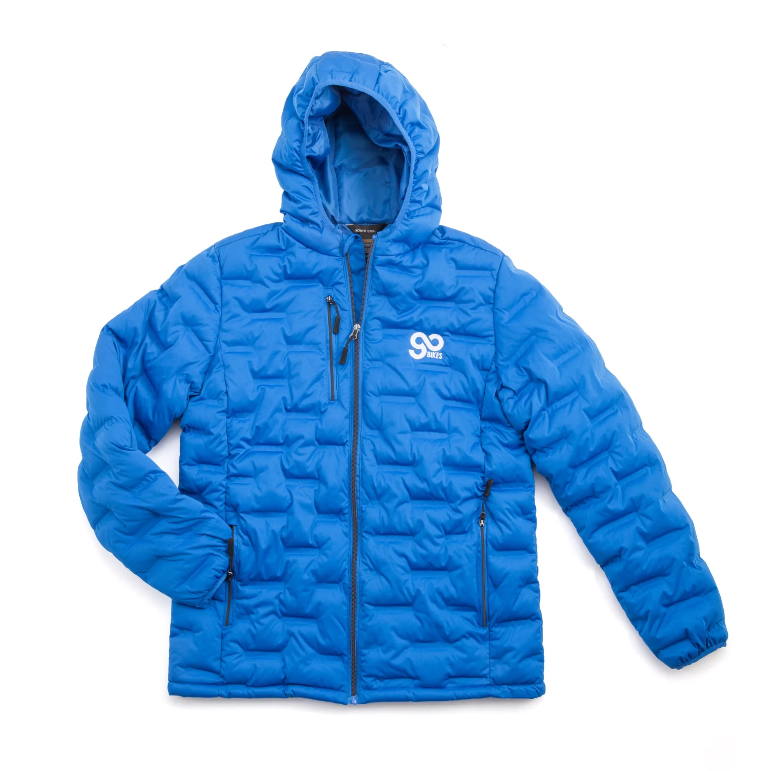 Bright blue insulated hooded jacket with Go Bikes logo on the chest, isolated on a white background