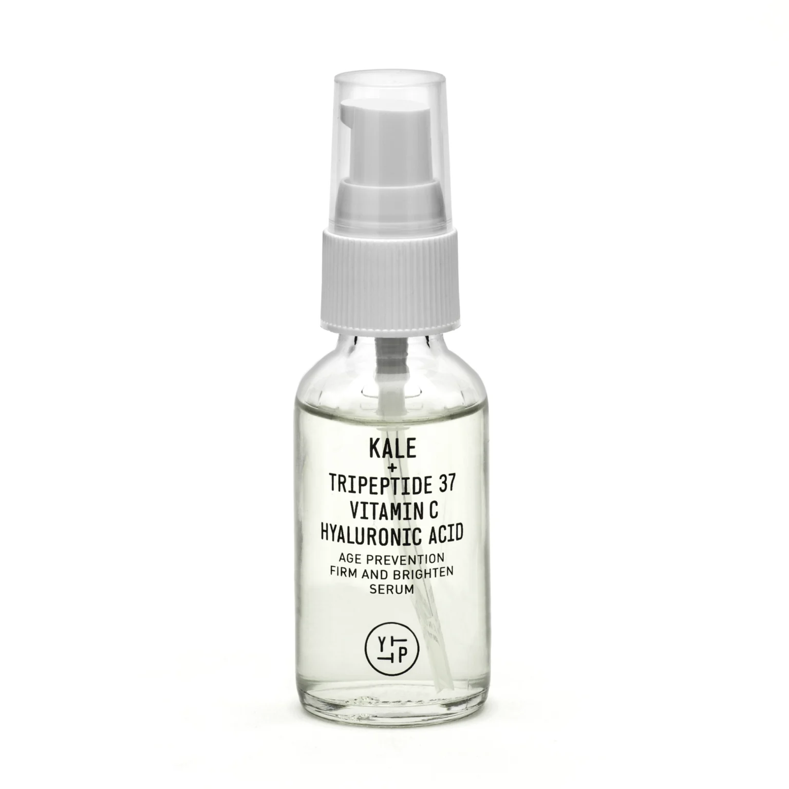 Bottle of Kale + Tripeptide 37 Vitamin C Hyaluronic Acid age prevention serum on a white background