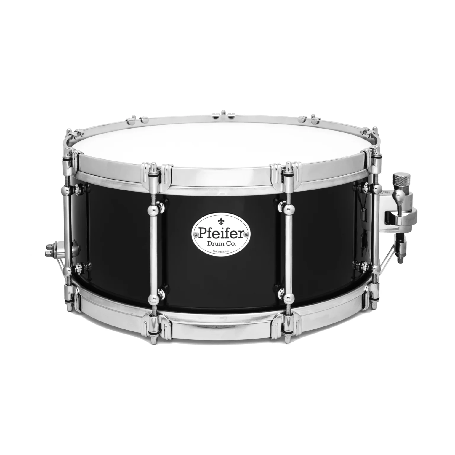 Pfeifer Drum Co. professional black snare drum with chrome hardware on a white background