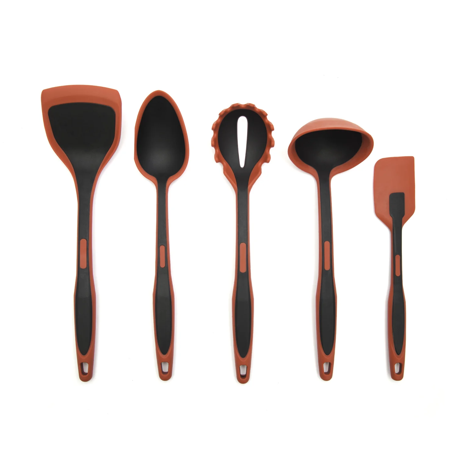 Top-down view of a five-piece red and black silicone kitchen utensil set on a white background