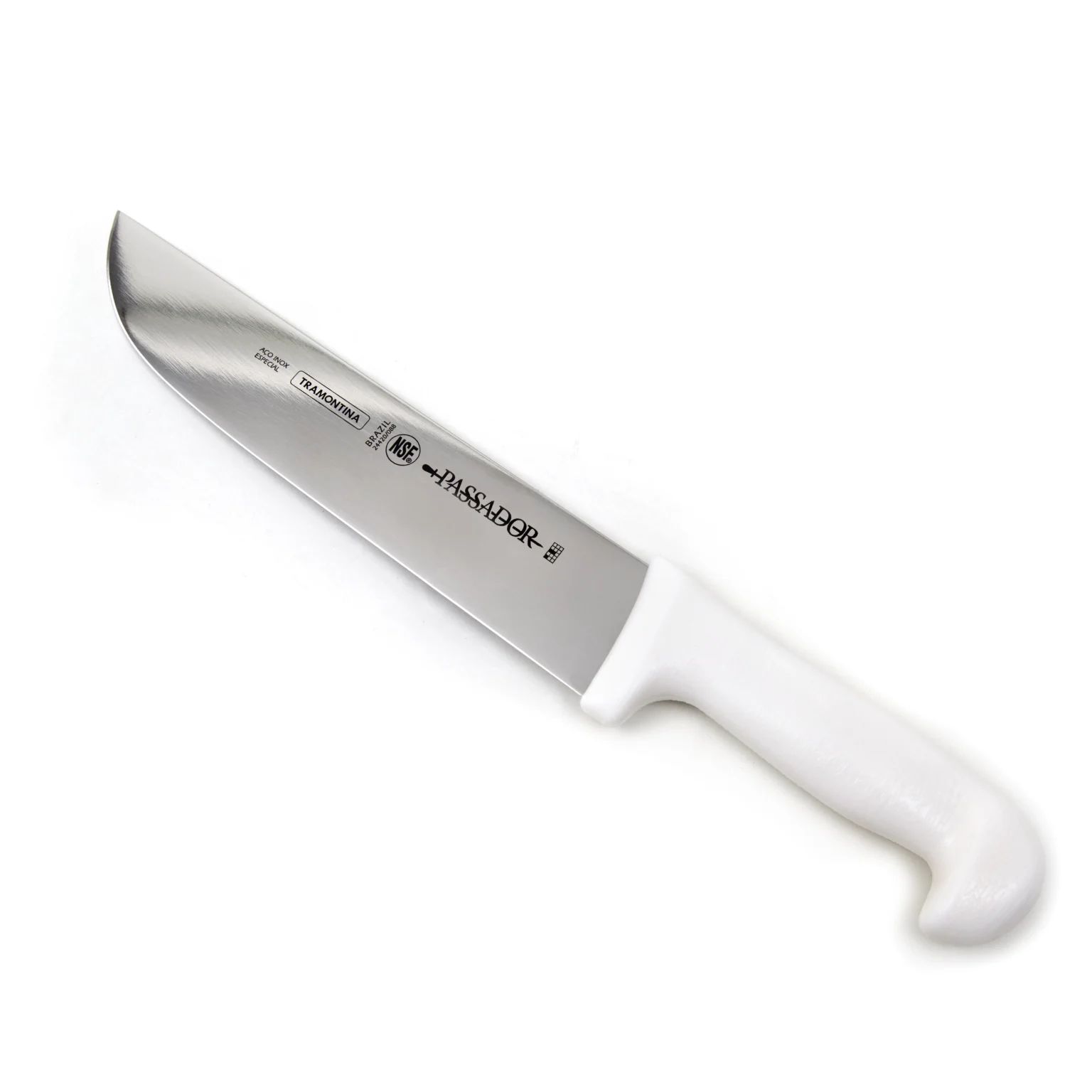 Tramontina Passador stainless steel butcher knife with white handle on white background