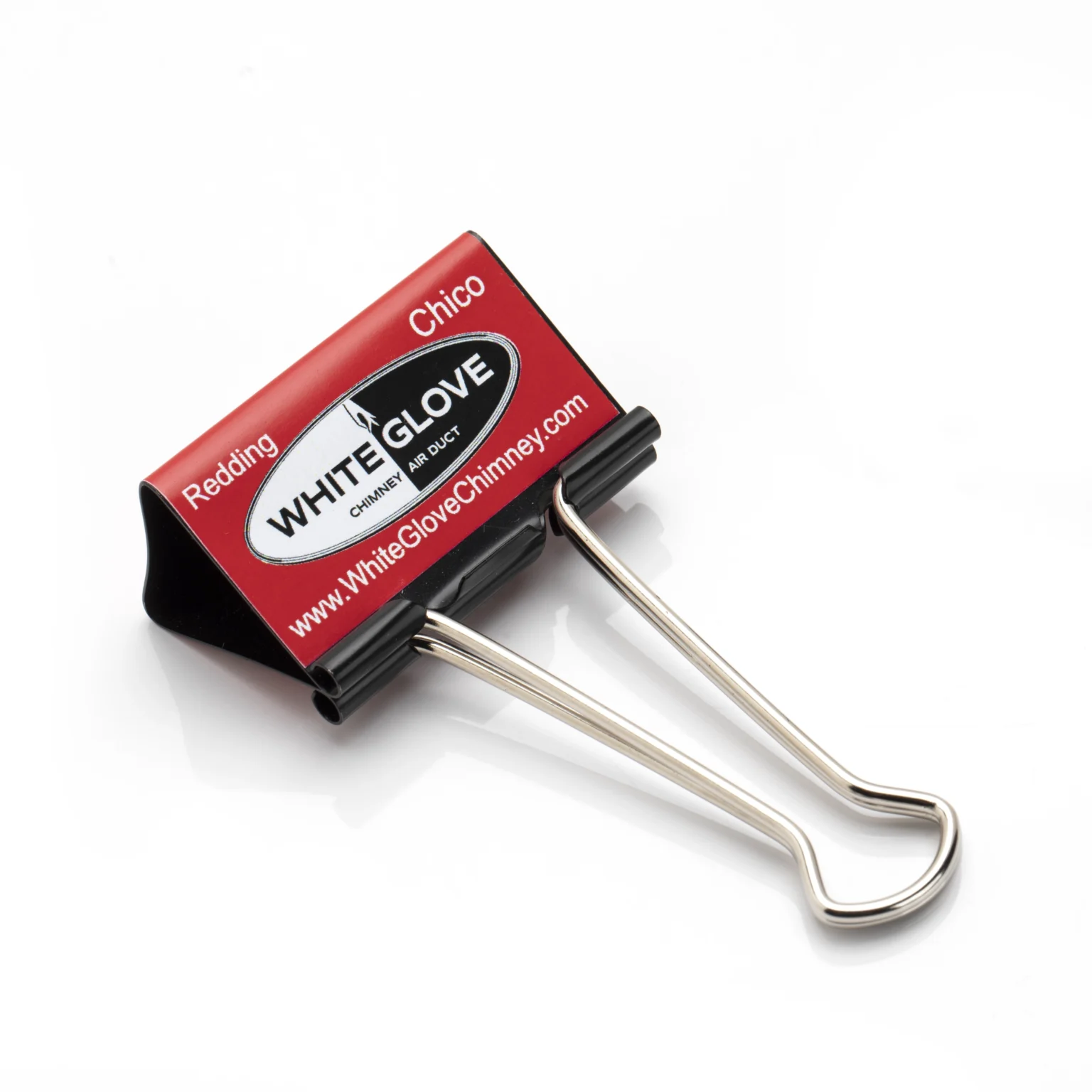 Red White Glove Chimney Air Duct branded binder clip on a white background