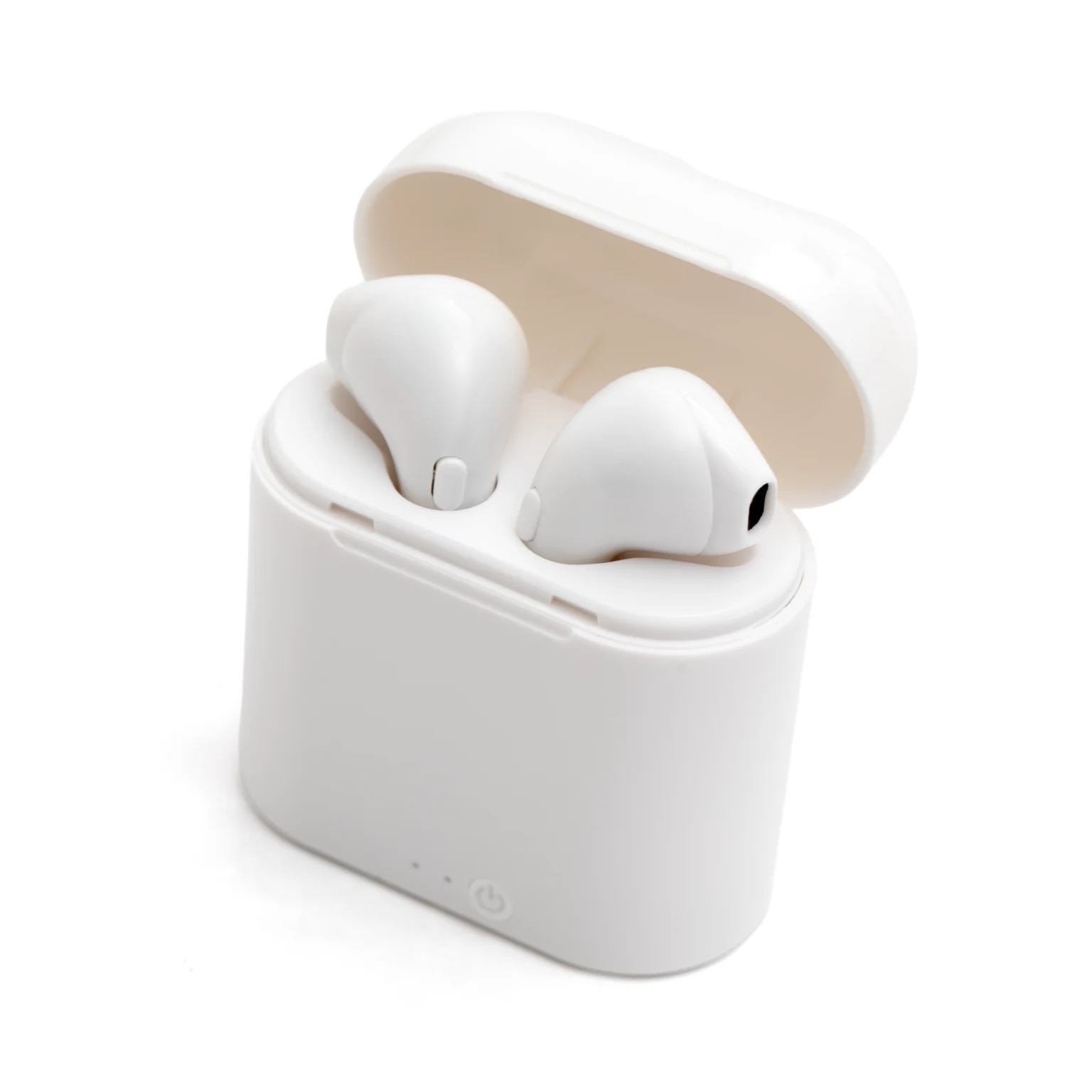 Pair of white wireless Bluetooth earbuds inside their open charging case on a white background