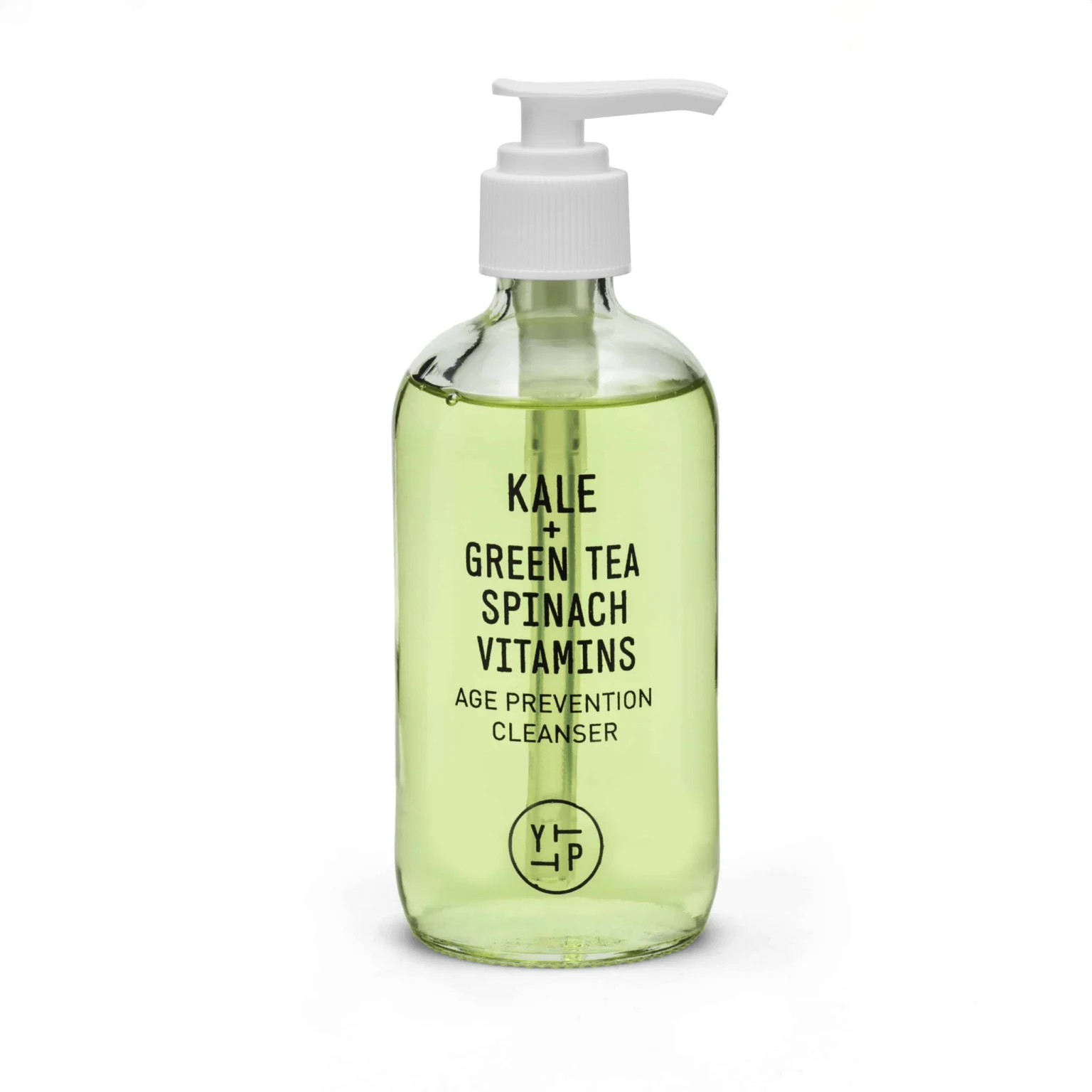Commercial product photograph of a Youth to the People glass pump bottle filled with green kale and green tea cleanser, shot on a clean white background.